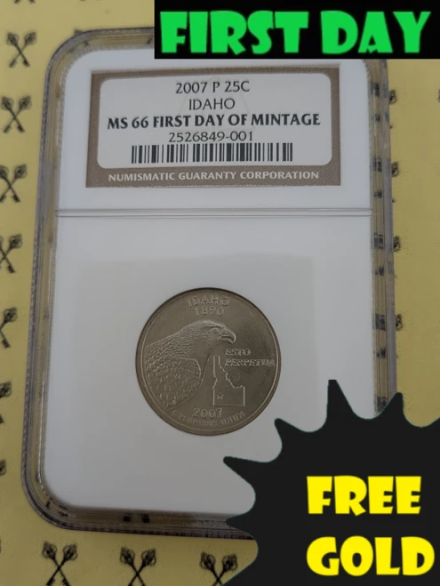 2007-P Idaho Quarter NGC MS 66 with first day and free gold labels