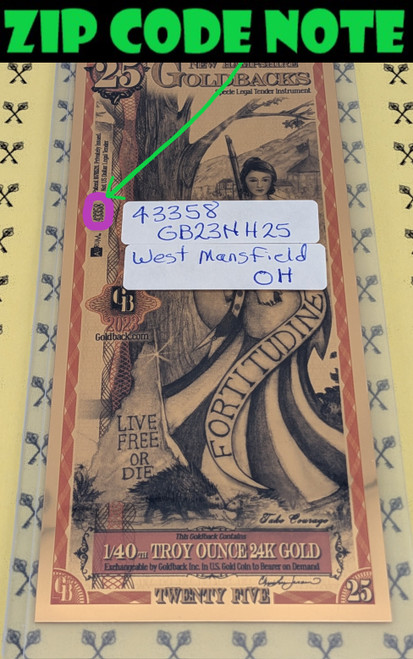 West Mansfield Ohio Goldback Circled Serial Number with ZIP Code label