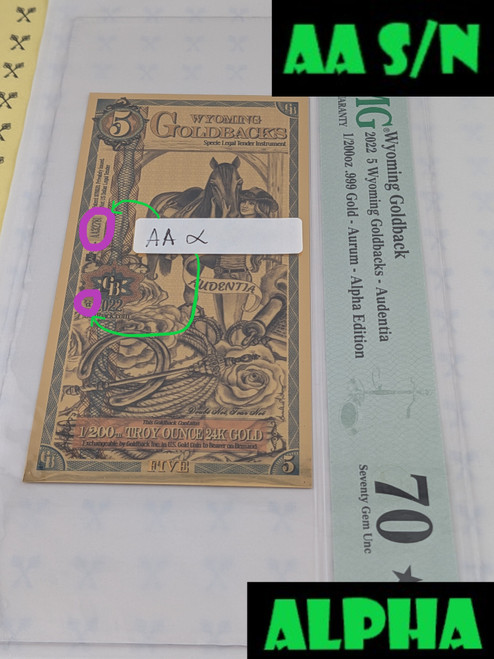 2022 Wyoming 5 Goldback Alpha Circled Serial Number with alpha and AA S/N labels