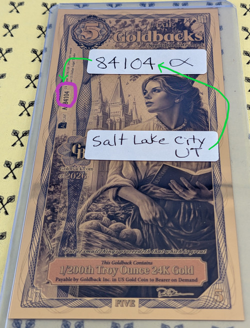 Salt Lake City Utah Goldback Circled ZIP Code 84104 Serial Number - 2026 UT 5 Alpha