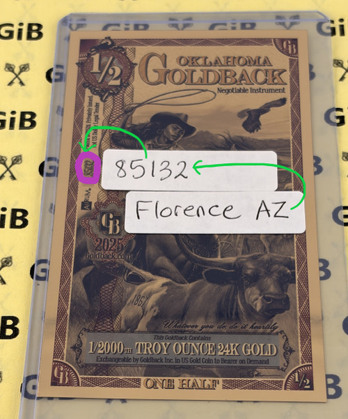 Florence Arizona Circled ZIP Code 85132 Serial Number - 2025 Oklahoma 1/2