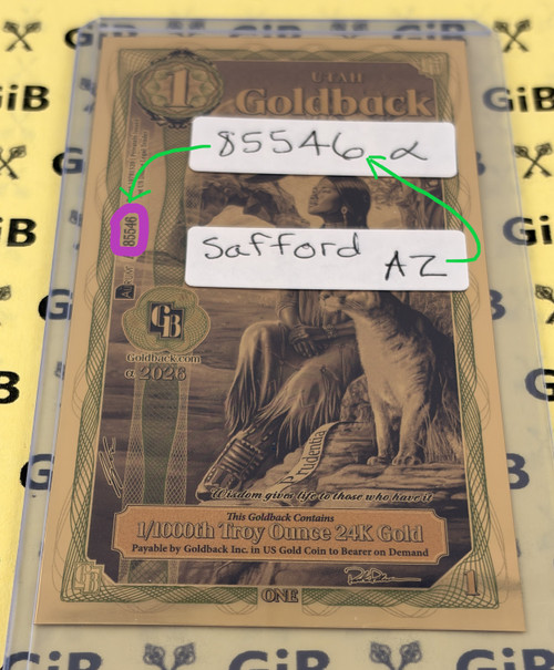 Safford Arizona Goldback Circled ZIP Code 85546 Serial Number - 2026 Utah 1 Alpha