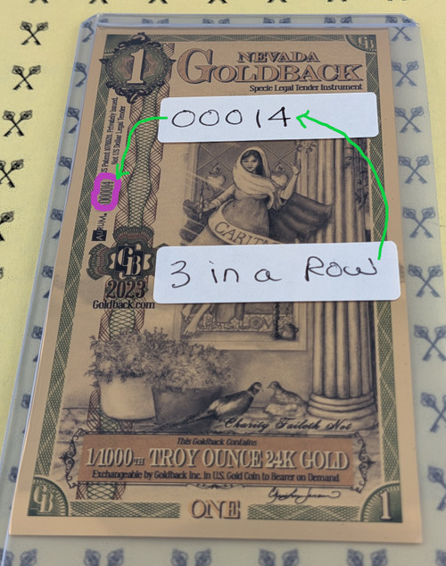 2023 Nevada 1 Goldback Circled 3 in a Row 00014 Serial Number