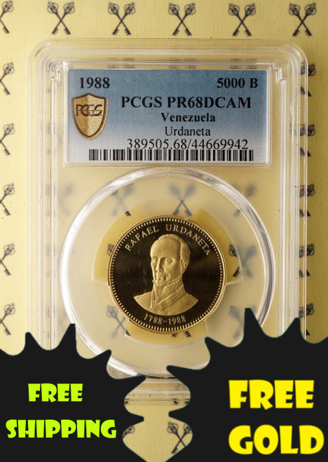 1988 Rafael Urdaneta 5000 Bol. 1/2 Oz GOLD PCGS PR68DCAM with free shipping and gold labels