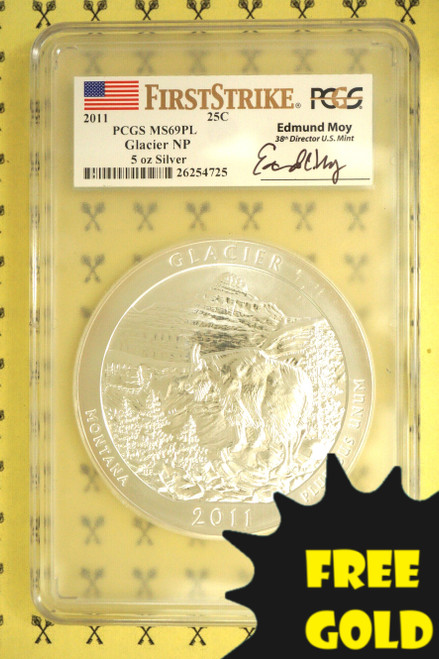 2011 Glacier 5 Oz SILVER Quarter PCGS MS 69 PL FS Moy with free Gold label