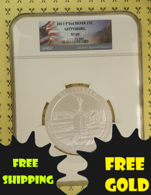 2011-P Gettysburg 5 Oz SILVER Quarter NGC SP 69 with free gold & shipping labels