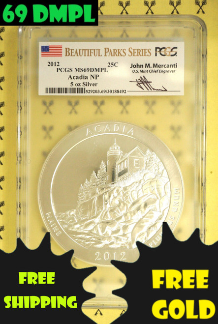 2012 Acadia 5 Oz SILVER Quarter PCGS MS 69 DMPL Mercanti with 69 DMPL and free shipping and gold labels