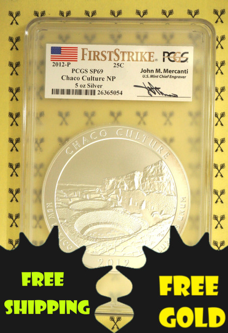 2012-P Chaco 5 Oz SILVER Quarter PCGS SP 69 FS Mercanti with free gold and shipping labels