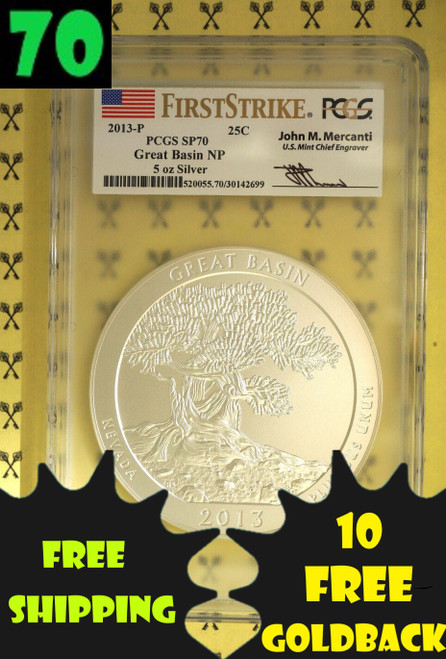 2013-P Great Basin 5 Oz Silver PCGS SP 70 FS Mercanti with free Goldbacks and shipping and 70 labels