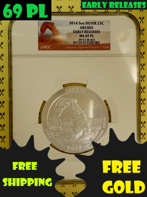 2014 Arches 5 Oz Silver Quarter NGC MS 69 PL Early Releases with 69 PL, early releases and free gold & shipping labels 2014 Arches 5 Oz Silver Quarter NGC MS 69 PL Early Releases with 69 PL, early releases and free gold & shipping labels