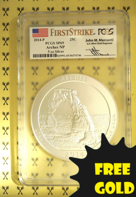 2014-P Arches 5 Oz SILVER CGS SP 69 FS Mercanti with free Gold label