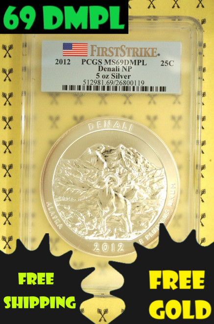 2012 Denali 5 Oz SILVER Quarter PCGS MS 69 DMPL FirstStrike with 69 DMPL and free shipping and gold labels
