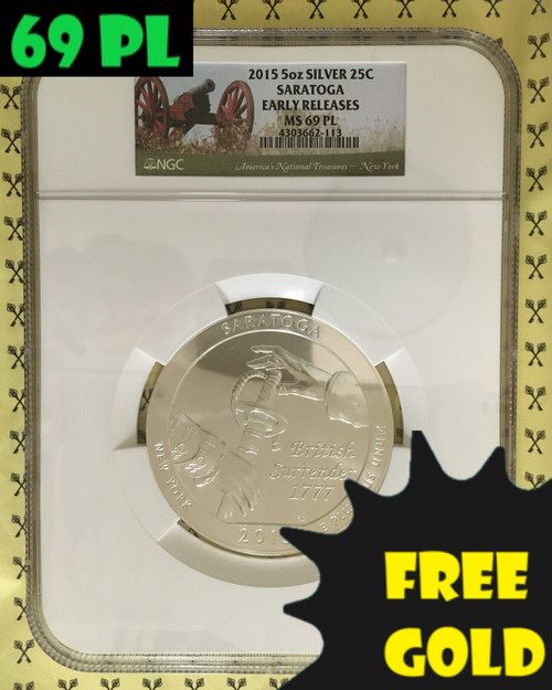 2015 Saratoga 5 Oz SILVER Quarter NGC MS 69 Prooflike ER with 69 PL and free Gold labels