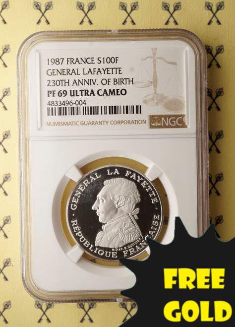 1987 Lafayette 1 Oz SILVER 100 Francs NGC PF 69 UCam with free Gold label