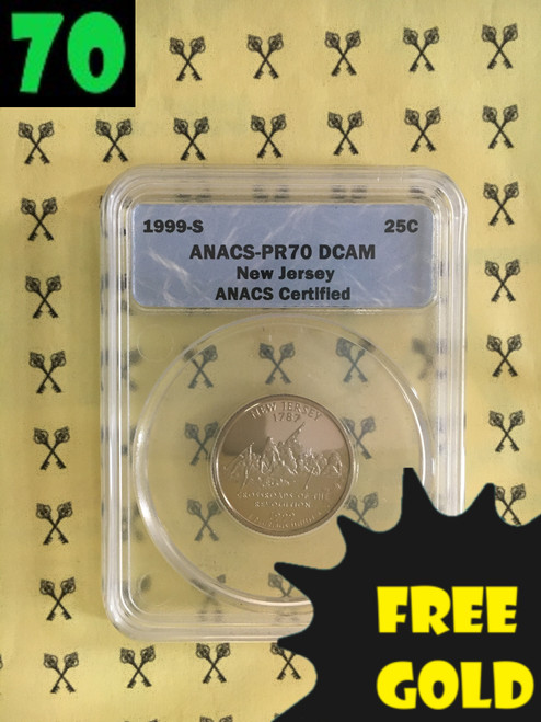 1999-S New Jersey State Quarter PERFECT ANACS PR70 Deep Cameo with free Gold and 70 labels