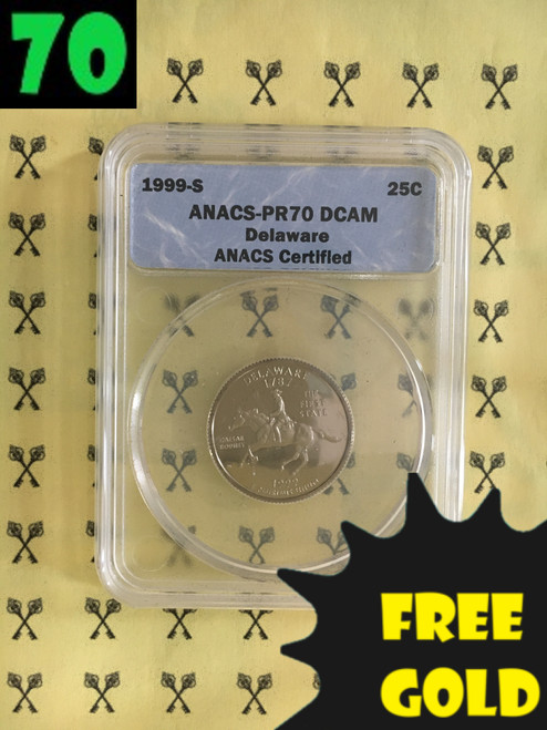 1999-S Delaware State Quarter PERFECT ANACS PR70 Deep Cameo with free Gold and 70 labels