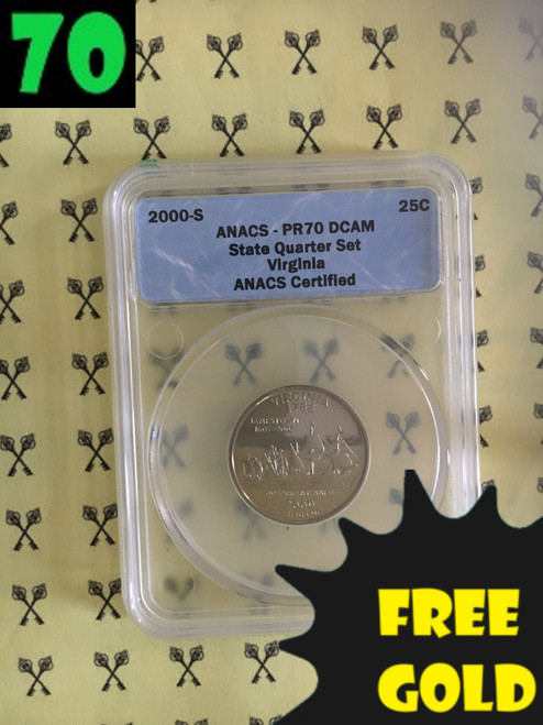 2000-S Virginia State Quarter PERFECT ANACS PR70 Deep Cameo with free Gold and 70 labels