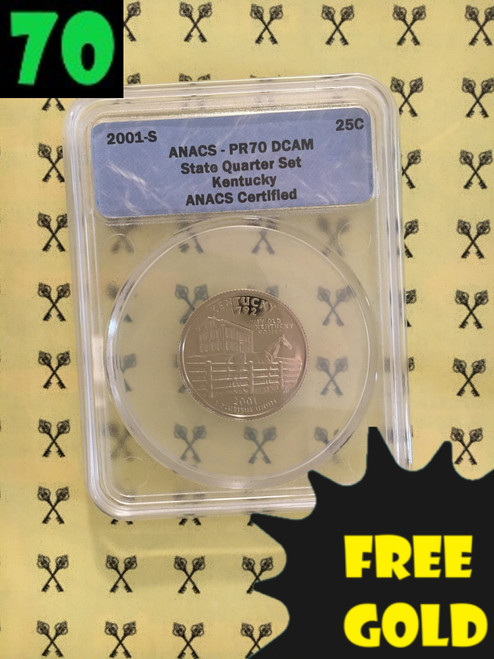 2001-S Kentucky State Quarter PERFECT ANACS PR70 Deep Cameo with free Gold and 70 labels