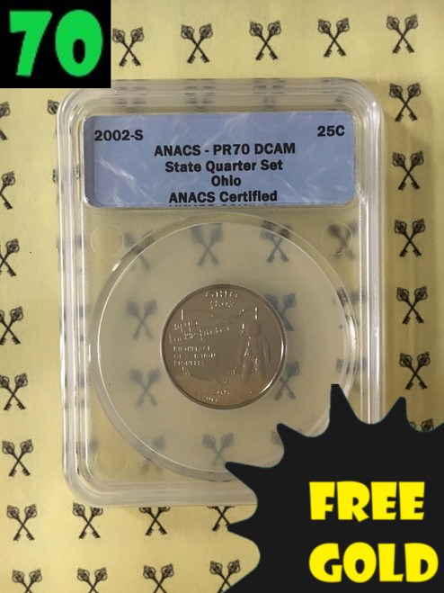 2002-S Ohio State Quarter PERFECT ANACS PR70 Deep Cameo with free shipping and 70 label