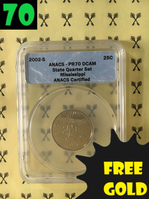 2002-S Mississippi State Quarter PERFECT ANACS PR70 Deep Cameo with free Gold and 70 labels