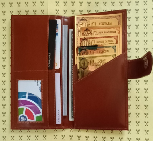 Brown Goldback Wallet with Goldbacks, credit cards, checkbook and dollars