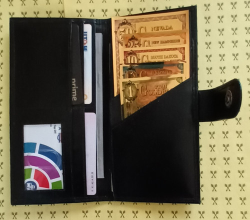 Black Goldback Wallet with Goldbacks, checkbook, credit cards and dollars