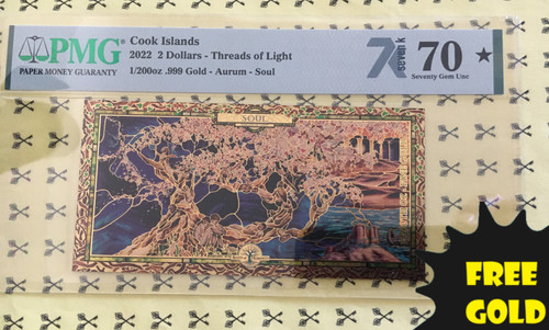 2022 Soul - Threads of Light Cook Is. $2 Aurum GOLD note PMG 70 with free gold label