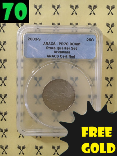 2003-S Arkansas State Quarter PERFECT ANACS PR70 Deep Cameo with free gold and 70 labels