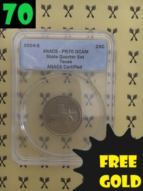 2004-S Texas State Quarter PERFECT ANACS PR70 Deep Cameo with free gold and 70 labels