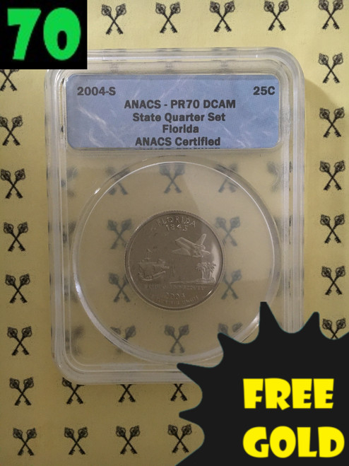 2004-S Florida State Quarter PERFECT ANACS PR70 Deep Cameo with free gold and 70 labels