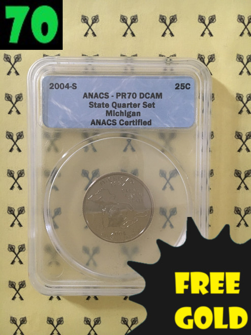 2004-S Michigan State Quarter PERFECT ANACS PR70 Deep Cameo with free gold and 70 labels