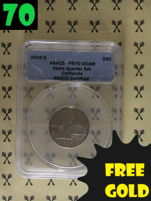 2005-S California State Quarter PERFECT ANACS PR70 Deep Cameo with free gold and 70 labels