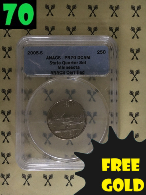 2005-S Minnesota State Quarter PERFECT ANACS PR70 Deep Cameo with free gold and 70 labels