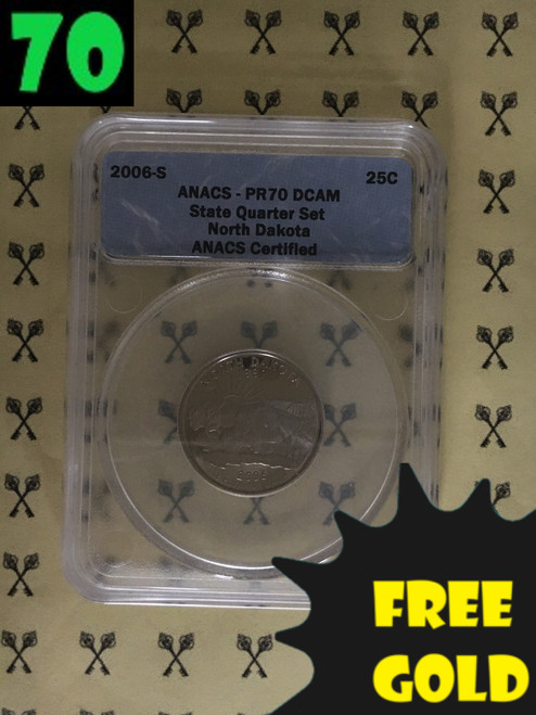 2006-S North Dakota State Quarter PERFECT ANACS PR70 Deep Cameo with free gold and 70 labels