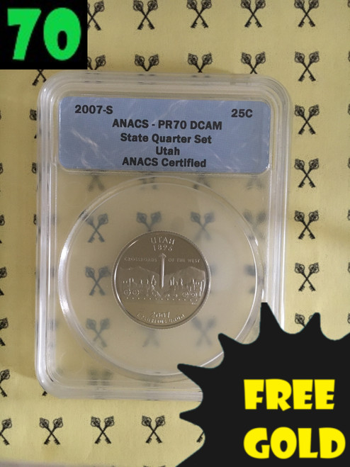 2007-S Utah State Quarter PERFECT ANACS PR70 Deep Cameo with free gold label