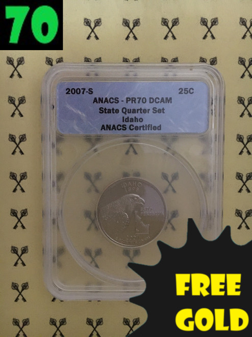 2007-S Idaho State Quarter PERFECT ANACS PR70 Deep Cameo with free gold and 70 labels