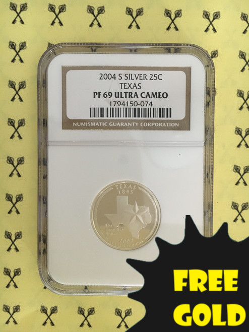 2004-S Texas Silver Quarter PF 69 Ultra Cameo with free gold label