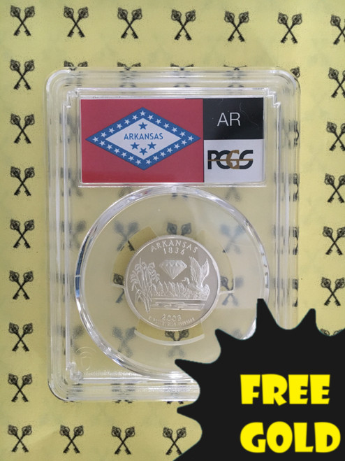 2003-S Arkansas Silver Quarter PCGS PR 69 DCam Flag label with free gold label