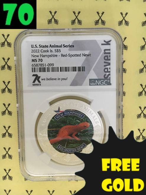 2022 New Hampshire Red-Spotted Newt $5 Cook Is. NGC MS 70 with free gold and 70 labels