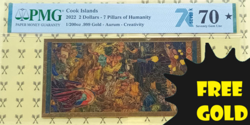2022 Creativity - Roots of Humanity Cook Is. $2 GOLD note PMG 70 with free gold label