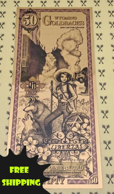 2022 Wyoming Libertas Goldback 50 with free shipping label 2022 Wyoming Libertas Goldback 50 with free shipping label