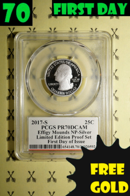 2017-S Effigy Mounds (Iowa) SILVER Limited Edition PCGS PR70 DCam FDI Mercanti with free gold and 70 first day labels