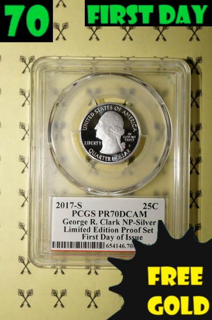 2017-S George Rogers Clark SILVER Limited Quarter PCGS PR 70 DCam FDI Mercanti with free gold and 70 first day labels