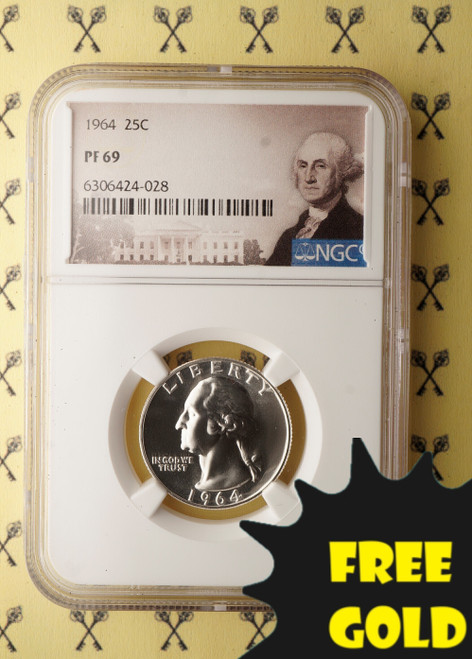 1964 Washington Quarter NGC PF 69 with free gold label