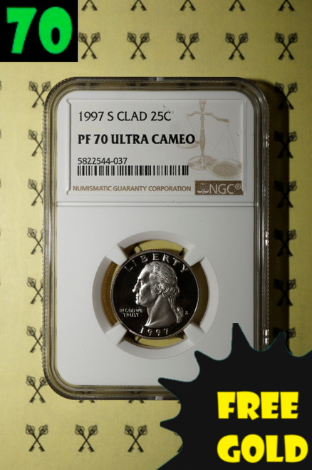 1997-S Washington Quarter NGC PF 70 Ultra Cameo with 70 and free gold labels