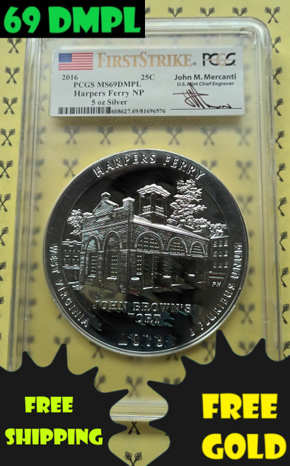 2016 Harpers Ferry 5 Oz SILVER Quarter PCGS MS69 DMPL FS Mercanti with 69 DMPL and free gold and shipping labels