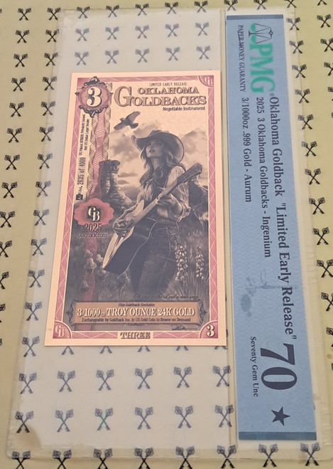 2025 Oklahoma 3 Goldback PMG 70 Limited Early Release
