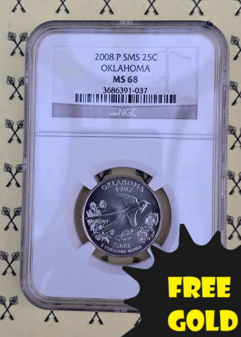 2008-P Oklahoma Quarter NGC MS 68 SMS with free gold label