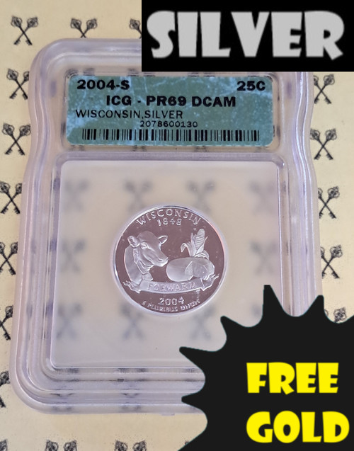 2004-S Wisconsin State SILVER Quarter ICG PR 69 DCam with free gold label