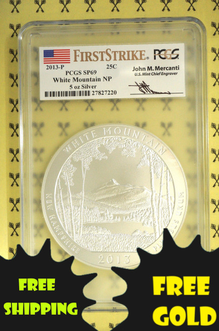 2013-P White Mountain 5 Oz SILVER Quarter PCGS SP69 FS Mercanti with free gold and shipping labels